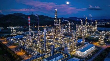 Obraz premium Aerial view of a bustling industrial complex at dusk, illuminated by bright lights with mountains in the background
