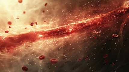Abstract representation of blood flow in a human body with glowing elements and particles