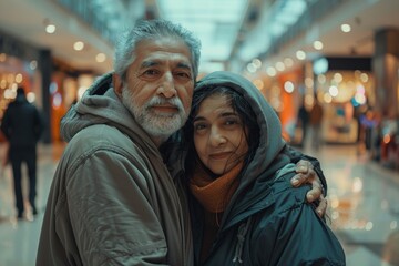 Portrait of a tender indian couple in their 50s sporting a comfortable hoodie isolated on bustling shopping mall
