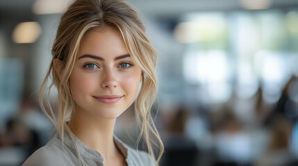 Fototapeta premium Young professional woman with blonde hair smiling confidently in modern office setting, representing success and authenticity