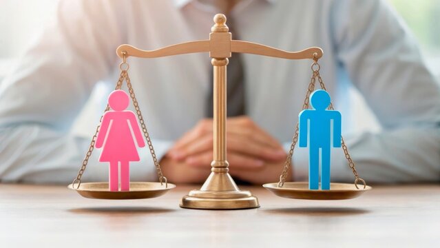 Gender Equality Concept with Masculine and Feminine Symbols on Balance Scale in Office Setting