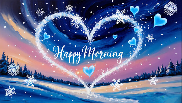 Winter Landscape Oil Painting with 'Happy Morning' in Heart-Shaped Snowflakes\