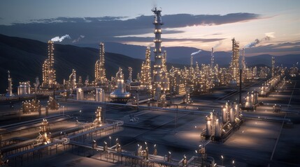 Fototapeta premium A sprawling industrial complex at dusk, with illuminated structures and smoke rising in the background