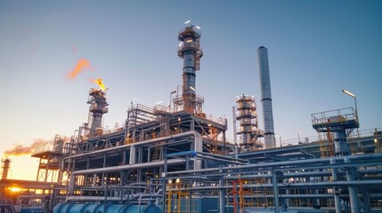 Fototapeta premium Industrial refinery at sunset with flares, showcasing pipes and machinery against a clear sky