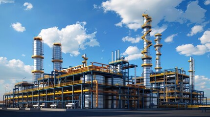 Fototapeta premium Modern industrial facility with towering structures under a bright blue sky and fluffy clouds