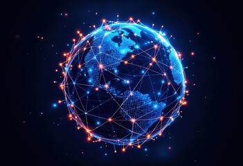 Glowing Network Connections Around a Digital Earth on Dark Background, Overlay, Texture
