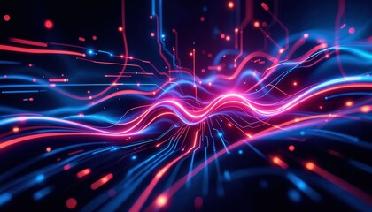 An abstract representation of bright, dynamic pathways embodying concepts of technology, innovation, and digital networks amidst glowing particle lights overlay background, Texture
