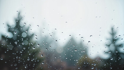 Obraz premium Raindrops on window with blurred pine trees in background, Rainy Days Theme