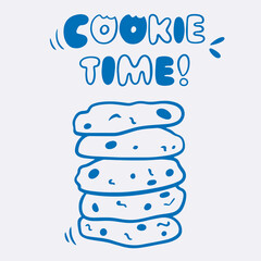 Vector doodle illustration of stack of cookies with blue line, lettering for coffee shop logo, pastry shop, bakery, branding, print, cookie time 