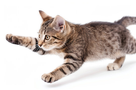 A tabby cat mid-pounce on a white background.