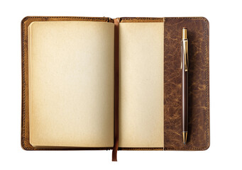  a an open notebook with blank white pages and pen isolated on a transparent background