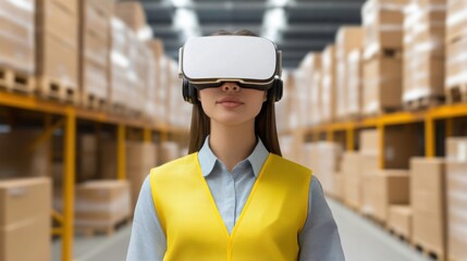  warehouse operator wearing VR glasses while directing AI-driven robots to move pallets in a smart logistics hub