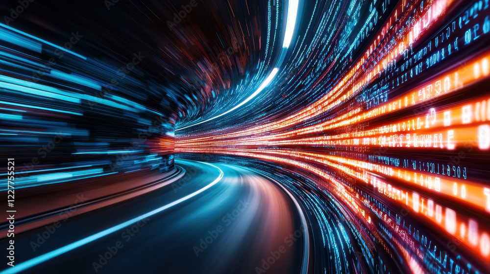 Poster vibrant digital tunnel with flowing light trails and binary code creates sense of speed and technolo