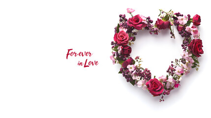 Obraz premium Valentine's Day card with a heart-shaped wreath of flowers and 