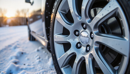 Close-up of wet silver car wheel on snowy landscape, Winter Car Detailing Theme
