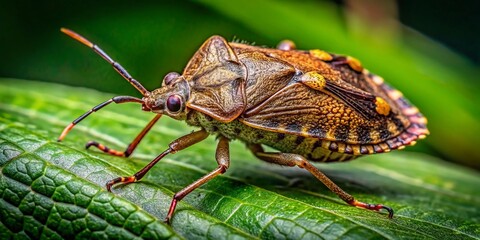 Close-up of Brown Marmorated Stink Bug on Plant Leaf - High-Resolution Stock Photo