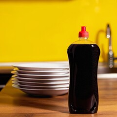 Modern Kitchen Setup with Detergent soap Dinnerware, Cookware, and Cleaning Supplies