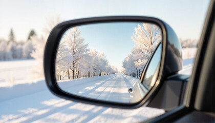 Obraz premium Winter landscape reflected in car side mirror, Winter Car Detailing Theme