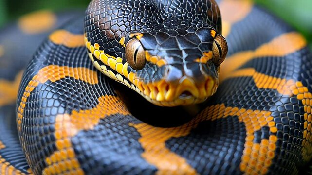 Close-up of a vibrant snake coiled on foliage, showcasing its colors