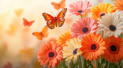 vibrant garden filled with colorful flowers and butterflies fluttering around, creating joyful atmosphere