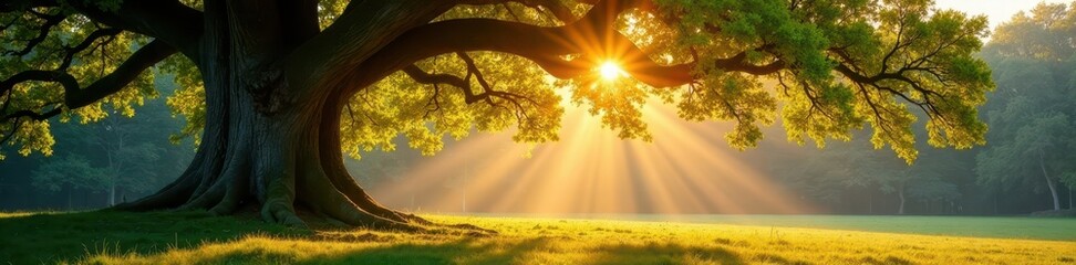 Sunlight illuminating ancient beech tree, creating a glowing effect, detail, bright