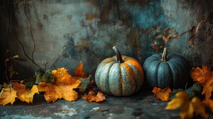 Autumn Still Life: Two Pumpkins Amidst Fall Leaves