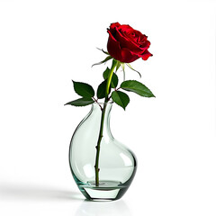 A single rose with leaf in glass vase on white background.