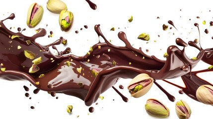 Fototapeta premium Melted dark chocolate with pistachio nuts and chocolate shavings on white background