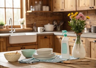 Modern Kitchen Setup with Detergent soap Dinnerware, Cookware, and Cleaning Supplies