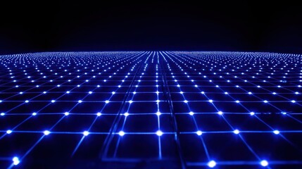 Grid of glowing blue points forms a horizon. Abstract background for tech or science