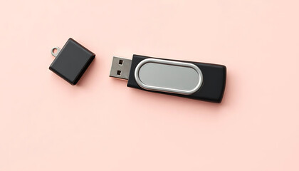 USB flash drive with removable cap, minimalistic style, pastel background, copy space