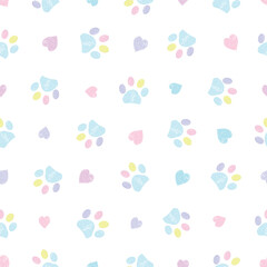 Pastel hand drawn hearts and paw prints. Seamless fabric design pattern