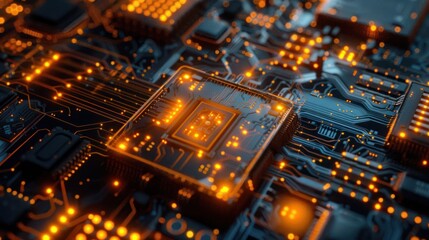 Obraz premium Close-up view of a glowing circuit board with intricate patterns and vibrant lights, showcasing technology