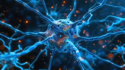 Detailed close-up of a neuron cell with glowing synapses and vibrant background particles