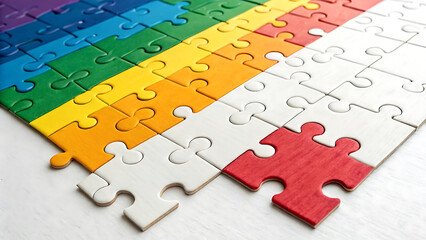 Fototapeta premium Autism acceptance month concept with colorful puzzle pieces for awareness and inclusion.