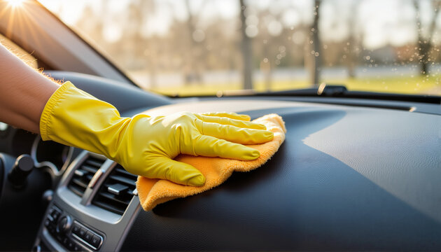 Hand with yellow glove cleaning car dashboard in sunlight, Rainy Days Theme