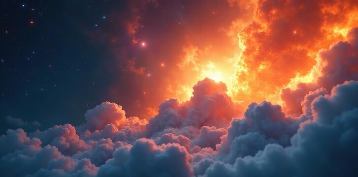 Fiery orange nebula collides with icy space clouds, fiery, stars