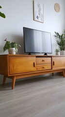 49. A wooden TV stand with sleek drawers and a spacious top, set against a white backdrop
