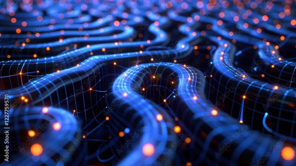 Poster abstract visualization of interconnected glowing lines and nodes creating a futuristic network lands