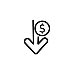 Cost reduction icon price lower arrow. Vector low cost money crisis line icon