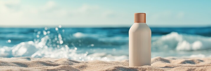 Sunscreen bottle on sandy beach with ocean waves in background, summer vacation