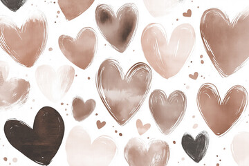 Mocha mousse, brown hearts pattern in warm tones, abstract art design. Various sized hearts placed randomly. Soft colors and textures.