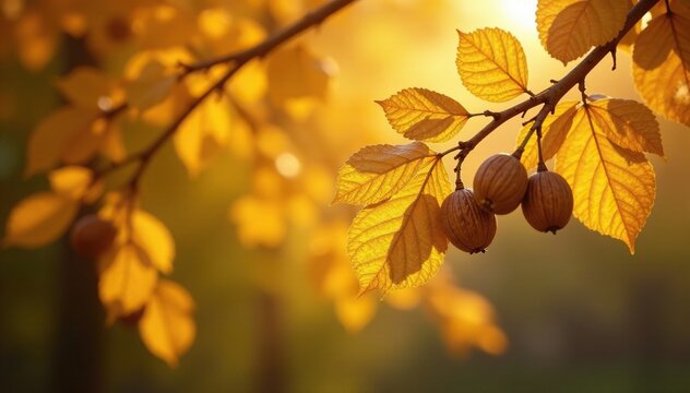 Golden light filters through the branches of a walnut tree with yellow leaves, walnuts, fall colors, autumnal
