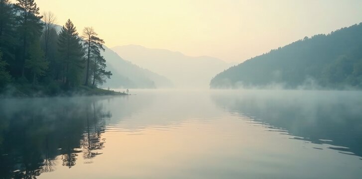 Soft morning light on lake's gentle waves, misty atmosphere, peaceful, misty