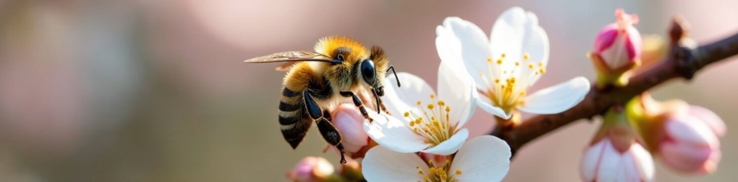 Pollen-covered bee on white cherry blossom branch, pollination, petals