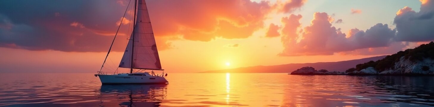 Sailing yacht in the bay of St Tropez at sunset, marina, mediterranean, calm sea