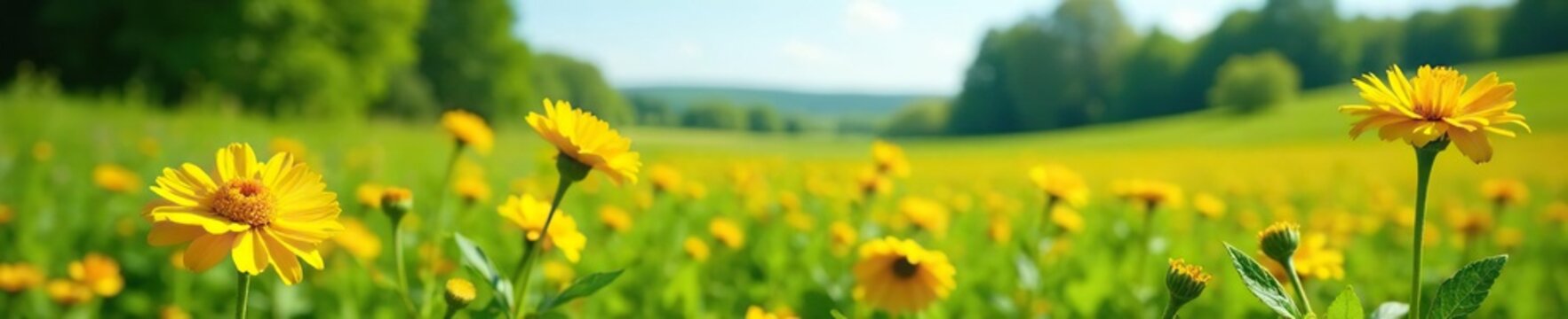 Yellow calendula flowers blooming in a lush green field with a few trees, meadow, floral
