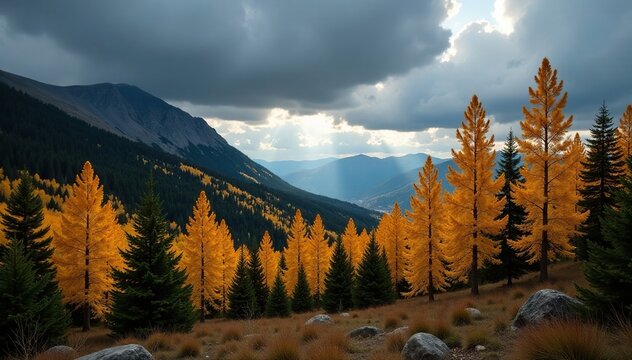 Dense forest of golden larch trees under a darkening sky, pine, nature