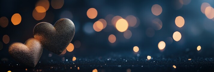 Two decorative hearts placed side by side on dark background with soft bokeh lights and glittery surface