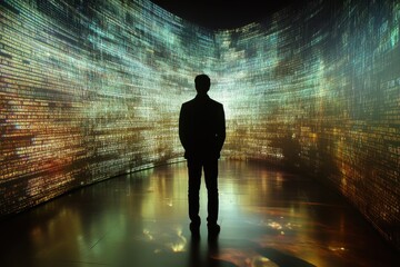 Person stands in a futuristic digital landscape with vibrant light patterns and data visuals